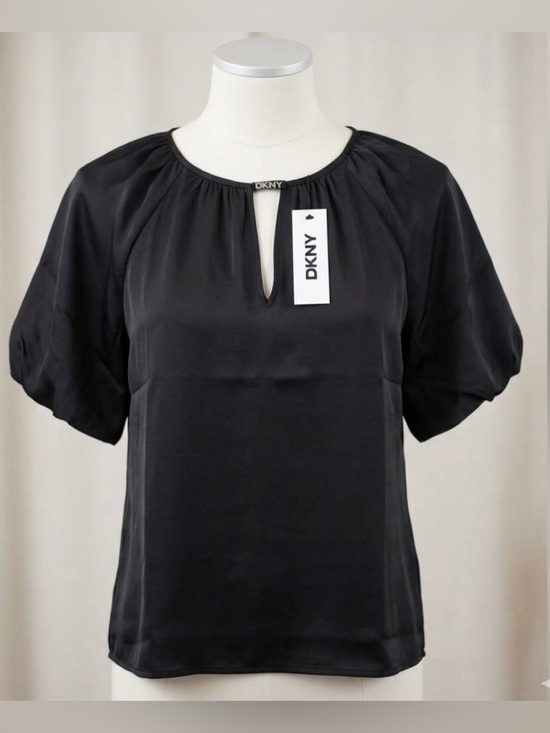 Dkny Tops - NWT Vintage DKNY Black Satin Bubble Sleeve Blouse - Split Neck Top 2XL